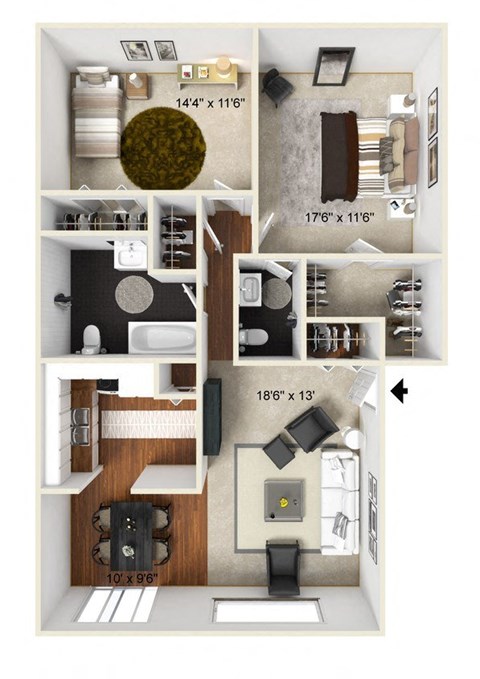 Floor plan for 2 beds, 1.5 baths, 1175 sqft